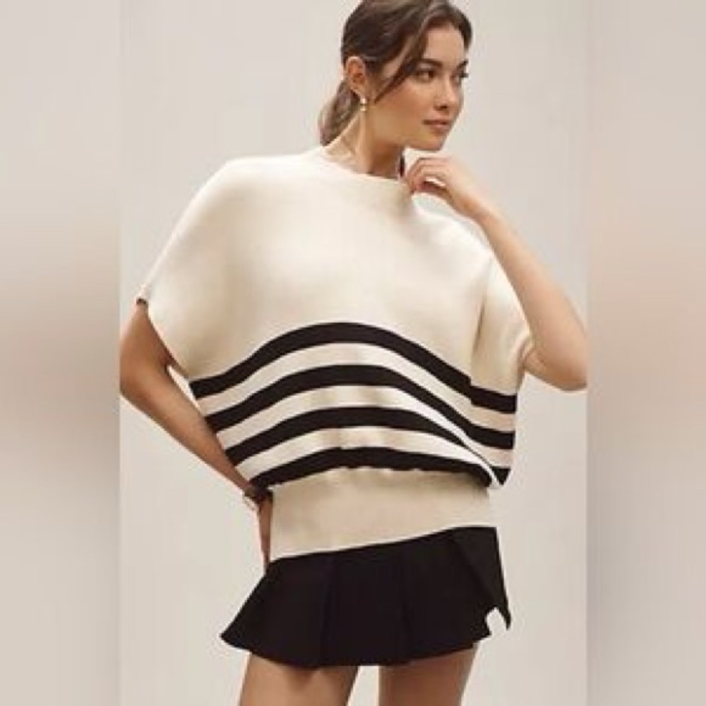 Maeve Anthropologie Black Cream Striped Cotton Sweater | Size Medium